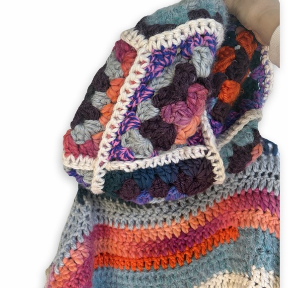 Rare One Of One Merino Wool Hand Crochet Luxury Granny Hooded Cardigan L-XXL - Picture 5 of 10